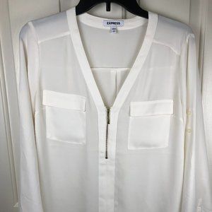 Express Zip Front Long Sleeve Ivory Blouse - Roll Up Tabs - Women's Medium